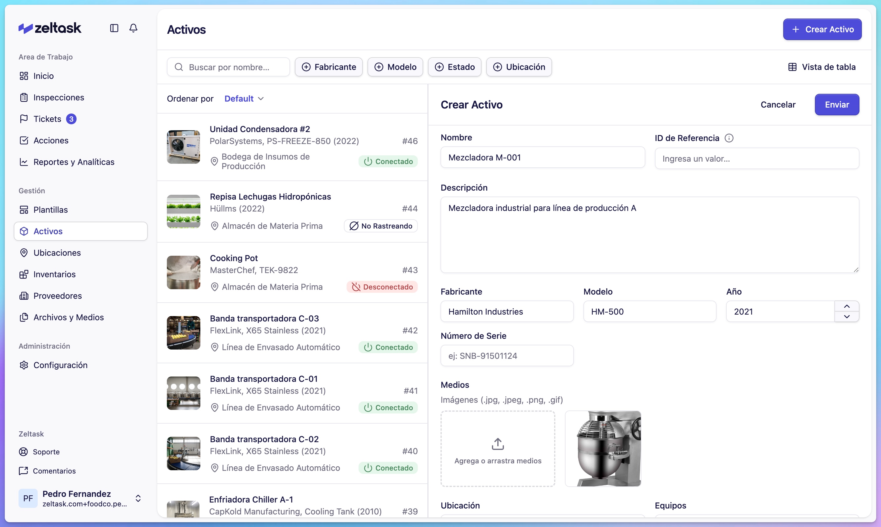 Create Asset form with Name, Manufacturer, Model, and Location fields completed